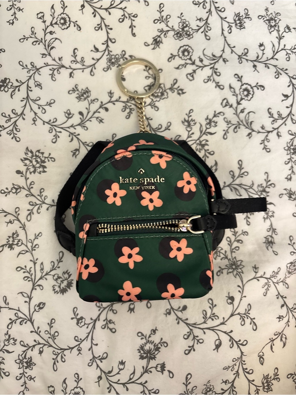NWOT kate spade green floral mini backpack keychain with peach flowers